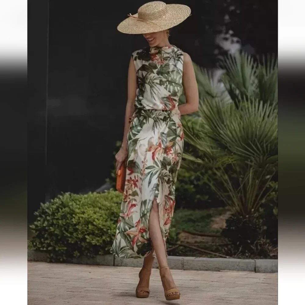 ZARA TROPICAL PRINT MIDI DRESS SIZE S - Picture 2 of 13